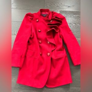 French Connection Womens Red Waterfall Ruffle Double Breasted Pea Coat Sz 10